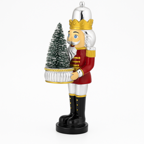 Schiaccianoci natalizio Bagutta in rosso, argento e oro con alberello decorativo tra le mani